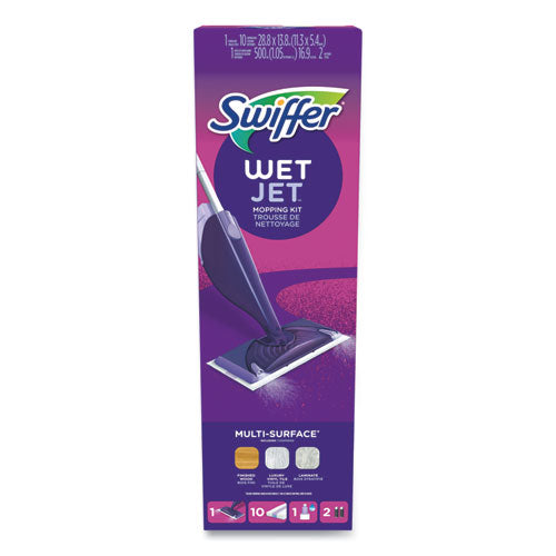 Image of Swiffer® WetJet Mop Starter Kit with 10 Pads and 1 Cleaner, 11.3 x 5.4 Head, Silver Handle