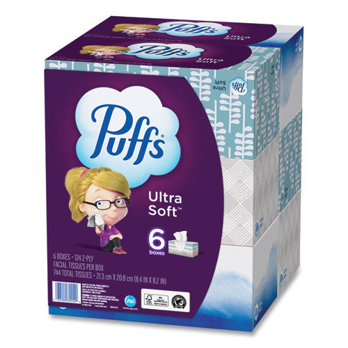 Image of Puffs® Ultra Soft Facial Tissue, 2-Ply, White, 124 Sheets/Box, 6 Boxes/Pack, 4 Packs/Carton