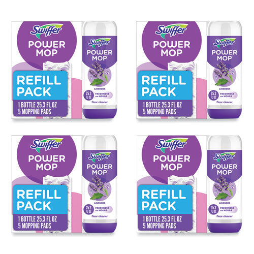 Image of Swiffer® PowerMop Cleaning Solution and Pads Refill Pack, Lavender, 25.3 oz Bottle and 5 Pads per Pack, 4 Packs/Carton