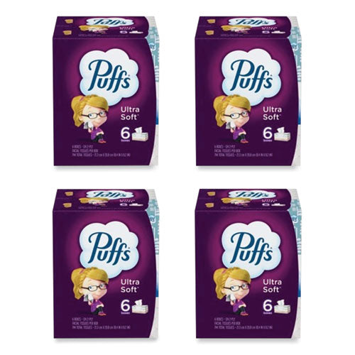 Image of Puffs® Ultra Soft Facial Tissue, 2-Ply, White, 124 Sheets/Box, 6 Boxes/Pack, 4 Packs/Carton