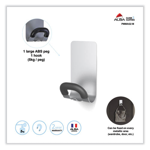 Image of Alba Magnetic Coat Peg, ABS/Magnet/Steel, Black/Silver, Supports 11 lbs