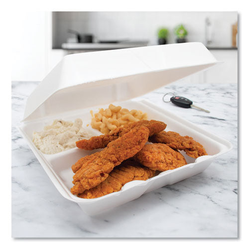 Image of Dart® Foam Hinged Lid Containers, 3 Compartments, 9.25 x 9.5 x 3, White, 100/Sleeve, 2 Sleeves/Carton