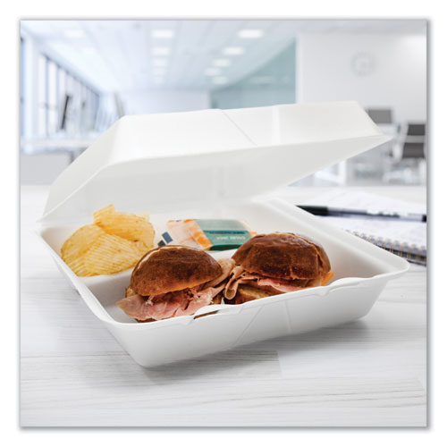 Image of Dart® Foam Hinged Lid Containers, 3 Compartments, 9.25 x 9.5 x 3, White, 100/Sleeve, 2 Sleeves/Carton