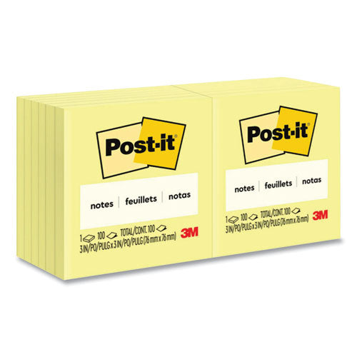 Image of Post-it® Notes Original Pads in Canary Yellow, 3" x 3", 100 Sheets/Pad, 12 Pads/Pack