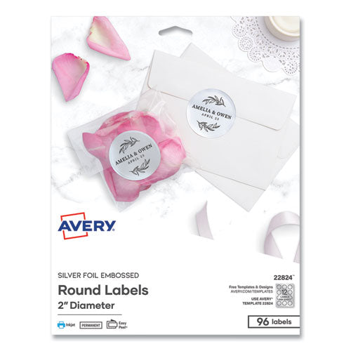 Image of Avery® Round Labels, Inkjet Printers, 2" dia, Silver, 12/Sheet, 8 Sheets/Pack