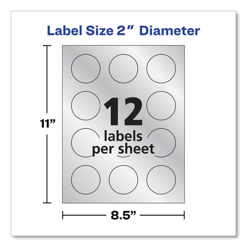 Image of Avery® Round Labels, Inkjet Printers, 2" dia, Silver, 12/Sheet, 8 Sheets/Pack