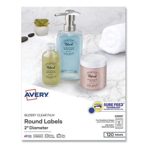 Image of Avery® Round Print-To-The Edge Labels With Sure Feed And Easy Peel, 2" Dia, Glossy Clear, 120/pk