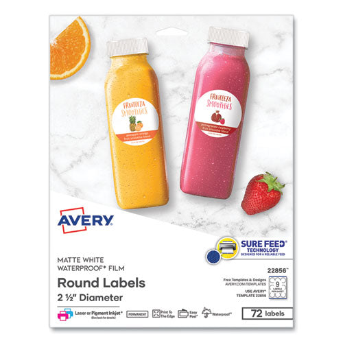 Image of Avery® Durable White ID Labels w/ Sure Feed, 2.5" dia, White, 72/Pk