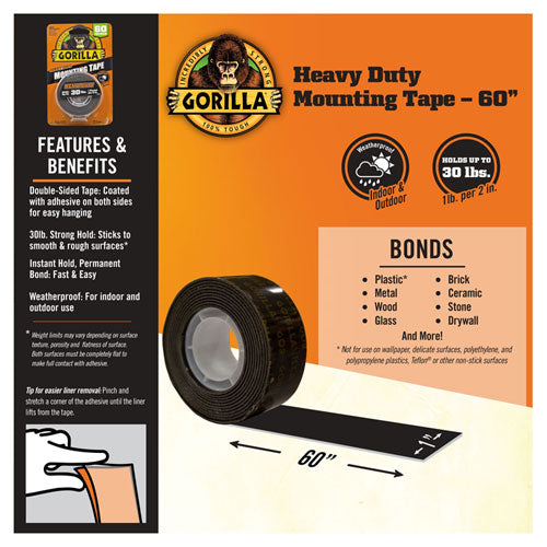 Image of Gorilla® Heavy Duty Mounting Tape, Permanent, Holds Up to 30 lbs, 1" x 60", Black