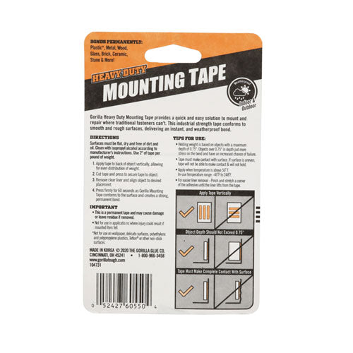 Image of Gorilla® Heavy Duty Mounting Tape, Permanent, Holds Up to 30 lbs, 1" x 60", Black