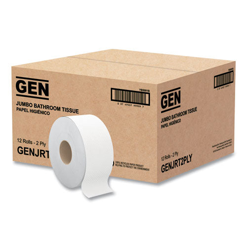Image of GEN Jumbo Bath Tissue, Septic Safe, 2-Ply, White, 3.5" x 750 ft, 12/Carton