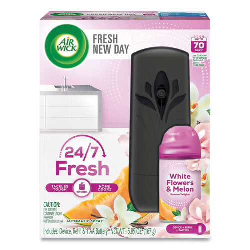 Image of Air Wick® Freshmatic Life Scents Starter Kit, Automatic Sprayer/5.89 oz White Flowers and Melon Summer Delights Refill/Battery