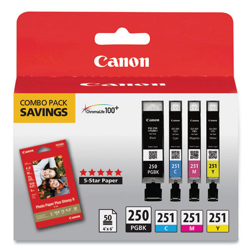 Image of Canon® 6497b004 (pgi-250/cli-251) Ink/paper Combo, Black/cyan/magenta/yellow