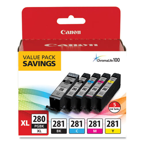 Image of Canon® 2021c007 (cli-281; Pgi-280 Xl) Chromalife100+ Ink, Black Xl/black/cyan/magenta/yellow, 5/pack