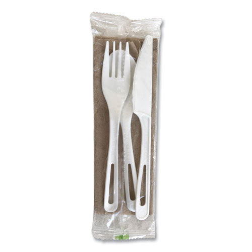 Image of World Centric® TPLA Compostable Cutlery, Fork/Knife/Napkin/Spoon, Plastic, White, 250/Carton
