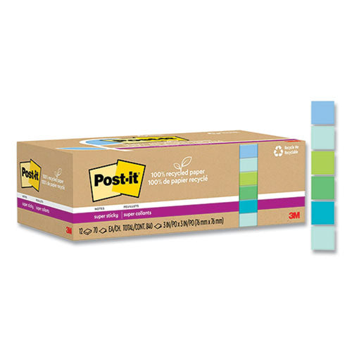 Image of Post-it® Notes Super Sticky 100% Recycled Paper Super Sticky Notes, Unruled, 3" x 3", Assorted Oasis Colors, 70 Sheets/Pad, 12 Pads/Pack