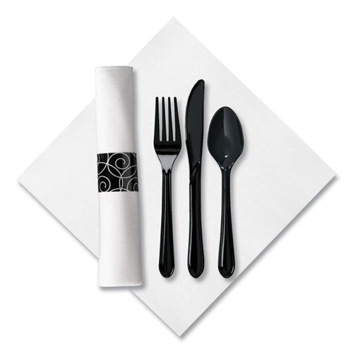 Image of Hoffmaster® CaterWrap Heavyweight Cutlery Combo Kit, Fork/Knife/Napkin/Spoon, Plastic, Black, 100/Carton