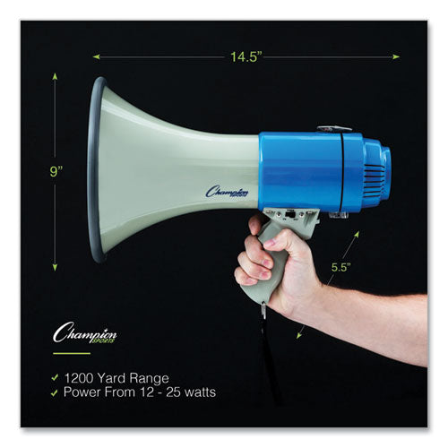 Image of Champion Sports Megaphone, 12 W to 25 W, 1,000 yds Range, White/Blue