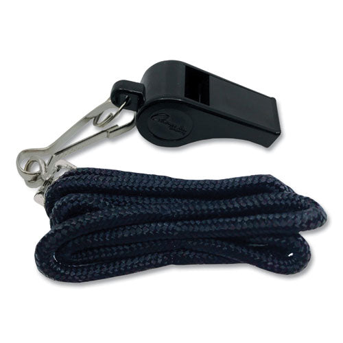 Image of Champion Sports Sports Whistle With Black Nylon Lanyard, Plastic, Black, Dozen
