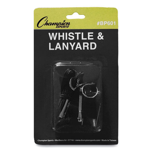 Image of Champion Sports Sports Whistle With Black Nylon Lanyard, Plastic, Black, Dozen