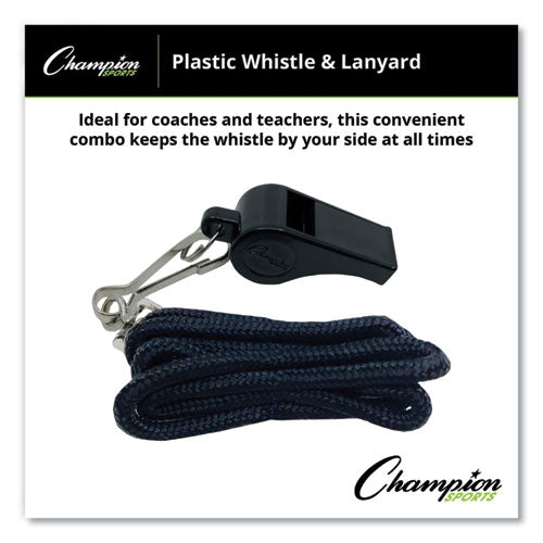Image of Champion Sports Sports Whistle With Black Nylon Lanyard, Plastic, Black, Dozen