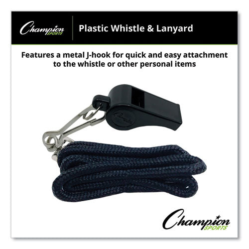 Image of Champion Sports Sports Whistle With Black Nylon Lanyard, Plastic, Black, Dozen