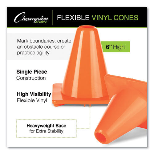Image of Champion Sports Hi-Visibility Vinyl Cones, 6" Tall, Fluorescent Orange, 9.5" x 9.5" Base