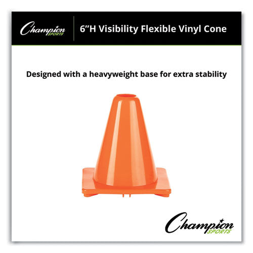 Image of Champion Sports Hi-Visibility Vinyl Cones, 6" Tall, Fluorescent Orange, 9.5" x 9.5" Base