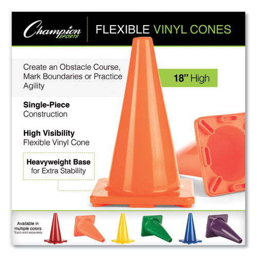 Image of Champion Sports Hi-Visibility Vinyl Cones, 18" Tall, Fluorescent Orange, 10.63" x 10.63" Base