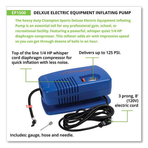 Image of Champion Sports Electric Inflating Pump With Gauge, Hose And Needle, 0.25 Hp Compressor, 50 Psi, 8 Ft Cord