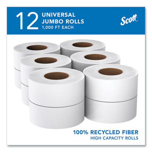 Image of Scott® Essential 100% Recycled Fiber JRT Bathroom Tissue for Business, Septic Safe, 2-Ply, White, 3.55" x 1,000 ft, 12 Rolls/Carton