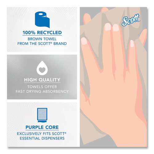 Image of Scott® Essential 100% Recycled Fiber Hard Roll Towel, 1-Ply, 8" x 700 ft, 1.75" Core, Brown, 6 Rolls/Carton