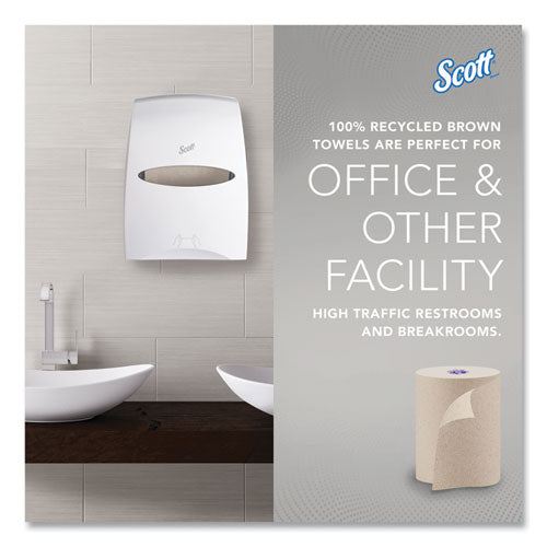 Image of Scott® Essential 100% Recycled Fiber Hard Roll Towel, 1-Ply, 8" x 700 ft, 1.75" Core, Brown, 6 Rolls/Carton