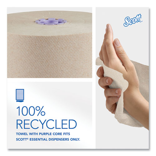 Image of Scott® Essential 100% Recycled Fiber Hard Roll Towel, 1-Ply, 8" x 700 ft, 1.75" Core, Brown, 6 Rolls/Carton