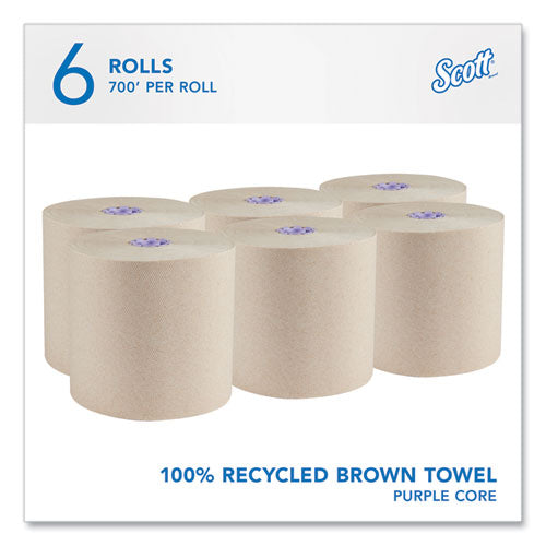 Image of Scott® Essential 100% Recycled Fiber Hard Roll Towel, 1-Ply, 8" x 700 ft, 1.75" Core, Brown, 6 Rolls/Carton