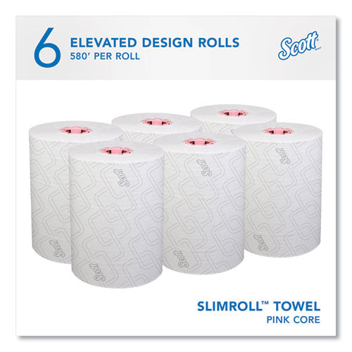 Image of Scott® Slimroll Towels, 1-Ply, 8" x 580 ft, White/Pink Core, Traditional Business, 6 Rolls/Carton