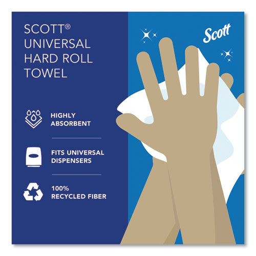 Image of Scott® Essential 100% Recycled Fiber Hard Roll Towel, 1-Ply, 8" x 800 ft, 1.5" Core, White, 12 Rolls/Carton
