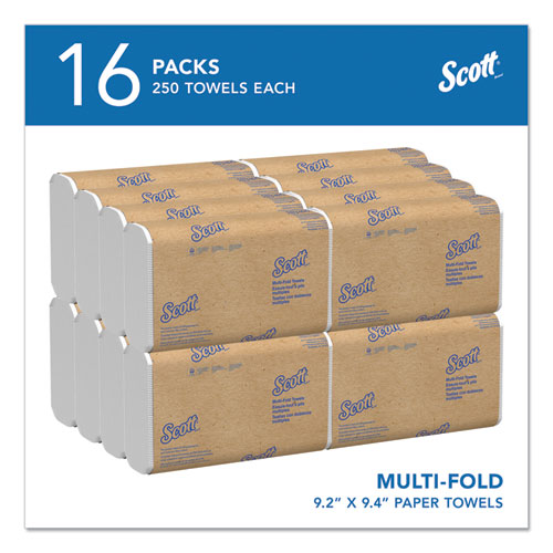 Image of Scott® Essential Multi-Fold Towels, Standard Tier, Absorbency Pockets, 1-Ply, 9.2 x 9.4, White, 250/Pack, 16 Packs/Carton