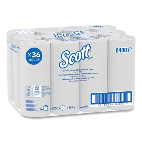 Image of Scott® Essential Coreless SRB Bathroom Tissue, Septic Safe, 2-Ply, White, 1,000 Sheets/Roll, 36 Rolls/Carton