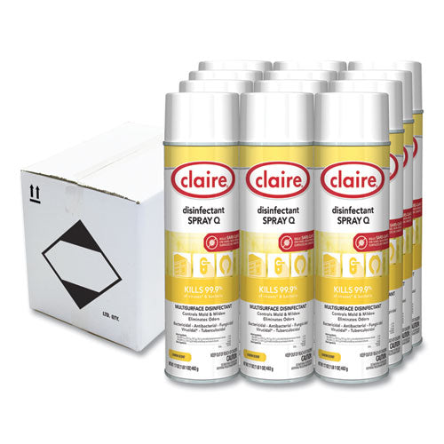 Image of Claire® Spray Q Disinfectant, Lemon Scent, 17 oz Aerosol Spray, Dozen