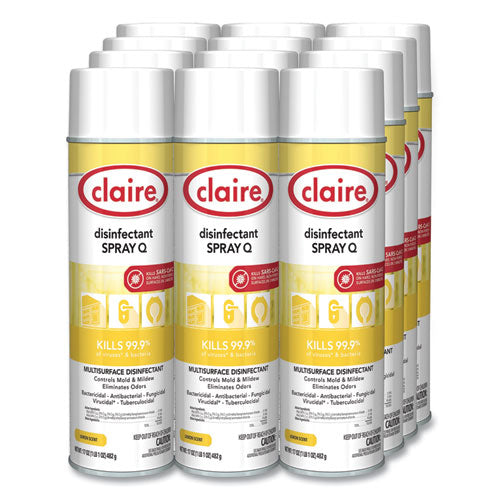 Image of Claire® Spray Q Disinfectant, Lemon Scent, 17 oz Aerosol Spray, Dozen