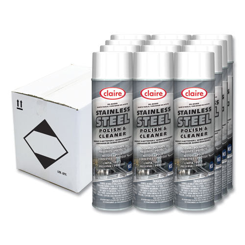 Image of Claire® Stainless Steel Polish and Cleaner, Lemon Scent, 15 oz Aerosol Spray, Dozen