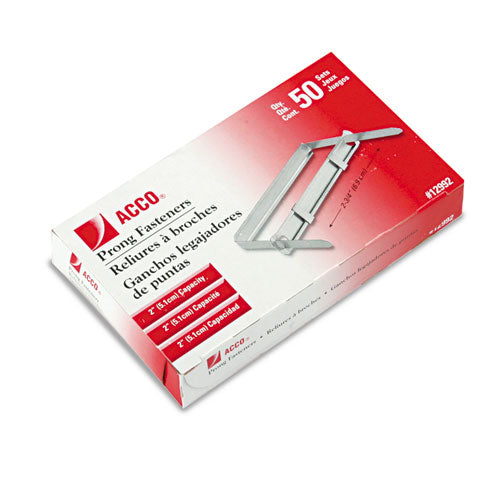 Image of ACCO Standard Two-Piece Two-Prong Paper Fastener Base and Compressor Sets, 2" Capacity, 2.75" Center to Center, Silver, 50/Box