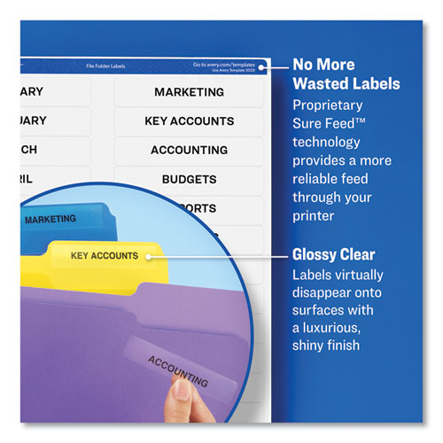Image of Avery® Clear Permanent File Folder Labels With Sure Feed Technology, 0.66 X 3.44, Clear, 30/sheet, 15 Sheets/pack
