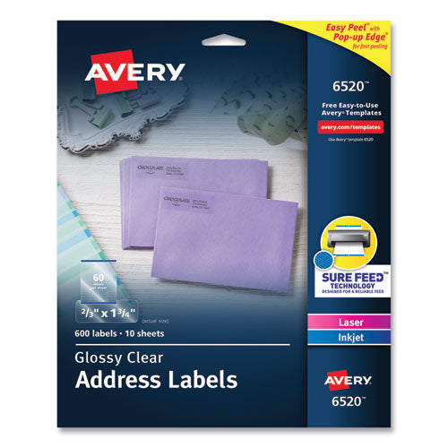 Image of Avery® Glossy Clear Easy Peel Mailing Labels W/ Sure Feed Technology, Inkjet/laser Printers, 0.66 X 1.75, 60/sheet, 10 Sheets/pk