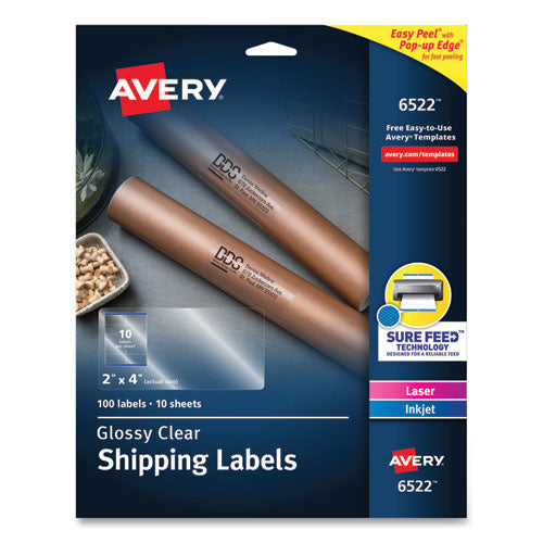 Image of Avery® Glossy Clear Easy Peel Mailing Labels W/ Sure Feed Technology, Inkjet/laser Printers, 2 X 4, Clear, 10/sheet, 10 Sheets/pack