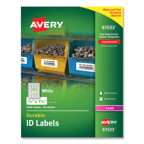 Image of Avery® Durable Permanent Id Labels With Trueblock Technology, Laser Printers, 0.66 X 1.75, White, 60/sheet, 50 Sheets/pack