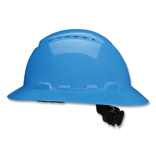 Image of 3M SecureFit H-Series Hard Hats, H-800 Vented Hat with UV Indicator, 4-Point Pressure Diffusion Ratchet Suspension, Blue