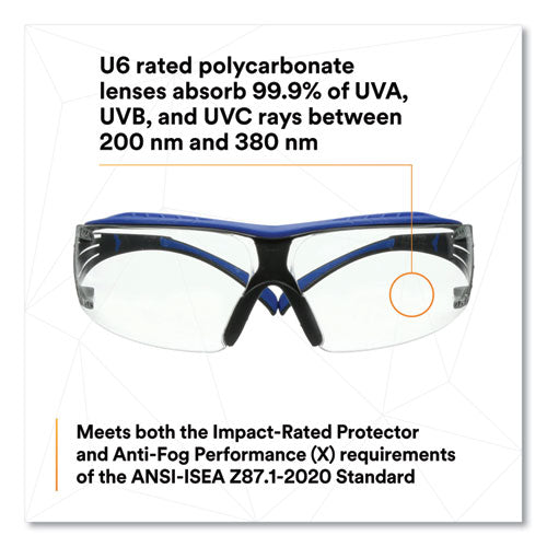Image of 3M SecureFit Protective Eyewear, 200 Series, Blue/Gray Plastic Frame, Clear Polycarbonate Lens