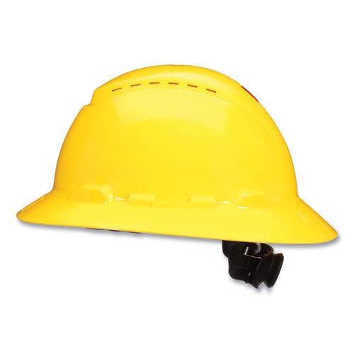 Image of 3M SecureFit H-Series Hard Hats, H-800 Vented Hat with UV Indicator, 4-Point Pressure Diffusion Ratchet Suspension, Yellow